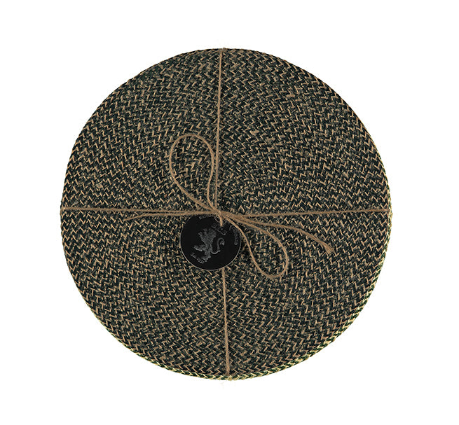 BRITISH COLOUR STANDARD - 27 cm D Jute Placemats in Dark Olive/Natural, Tied Set of 4