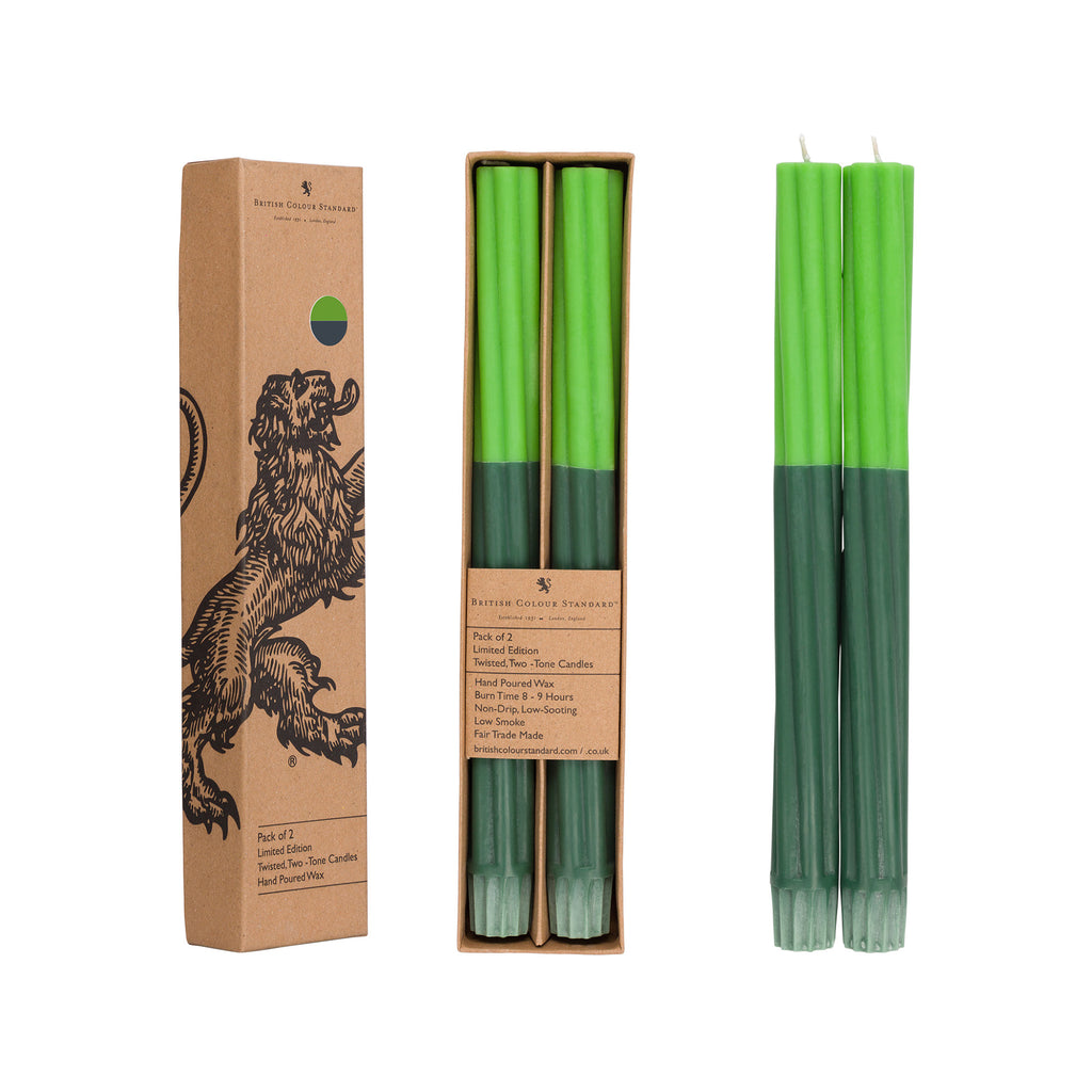 BRITISH COLOUR STANDARD Twist - Grass & Bokhara Eco Dinner Candles, Set of 2