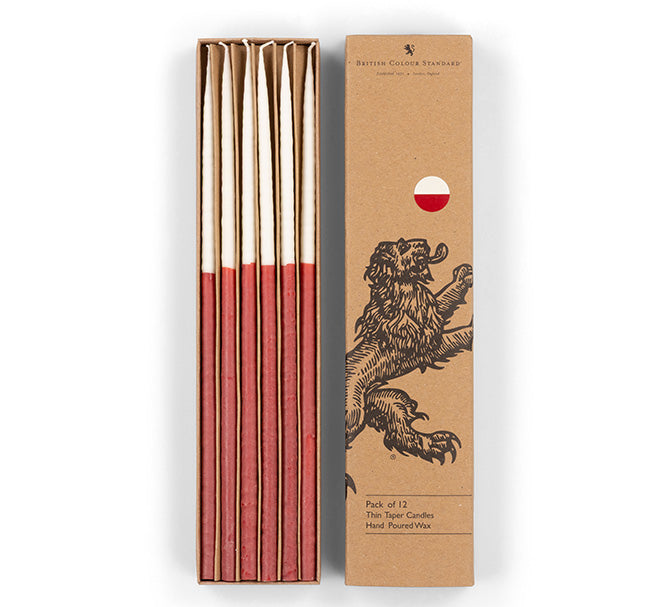 Thin Taper Candles - Two-Tone in Guardsman Red and Pearl