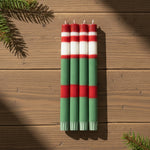 BRITISH COLOUR STANDARD - Striped Holiday Set of 4 - Emerald, Oriental Red and Pearl White Eco Dinner Candles