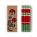 BRITISH COLOUR STANDARD - Striped Holiday Set of 4 - Oriental Red, Emerald and Pearl White Eco Dinner Candles