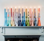 BRITISH COLOUR STANDARD colourful striped and solid colour candles and wooden candleholders,  Made From Waste Wood and wooden off-cuts