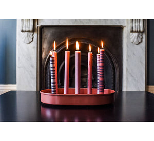 BRITISH COLOUR STANDARD Striped and solid colour Eco Dinner Candles, metal Candle Platter Centrepiece,BRITISH COLOUR STANDARD - Oval Metal Candle Platter in Brick Dust, 