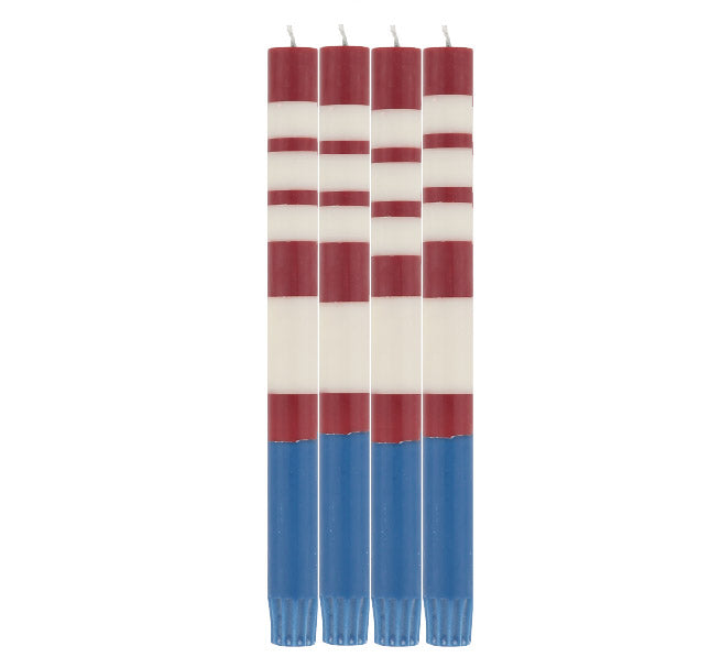 BRITISH COLOUR STANDARD - Striped  Guardsman Red, Royal Blue & Pearl White Eco Dinner Candles, Striped Candles