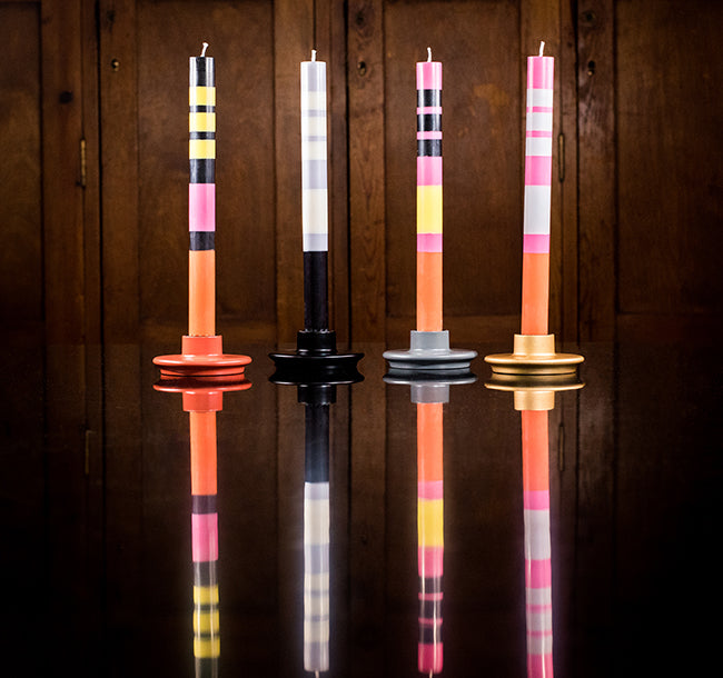 BRITISH COLOUR STANDARD Fair Trade Made Colourful Striped and Solid Eco Candles and Colourful Wooden candleholders 