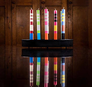 BRITISH COLOUR STANDARD Striped Eco Dinner Candles and metal Candle Platter Centrepiece
