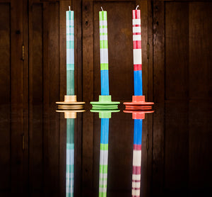 BRITISH COLOUR STANDARD Fair Trade Made Colourful Striped and Solid Eco Candles and Colourful Wooden candleholders 