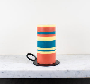 BRITISH COLOUR STANDARD - Striped Jasmine, Rust and Petrol Eco Pillar Candle and metal holder