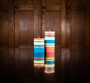 BRITISH COLOUR STANDARD - Jasmine, Rust and Petrol Eco Pillar Candle Collection, Striped Candles
