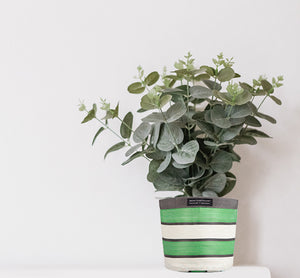 Medium 19 cm - Eco Woven Plant Pot Cover in Grass Green, Indigo & Pearl
