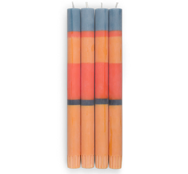 Striped Indigo, Orange, Saffron & Pompadour Eco Dinner Candles, pack of 4