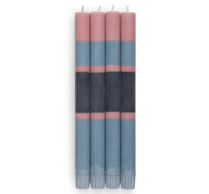 Striped Old Rose, Indigo & Pompadour Eco Dinner Candles, pack of 4