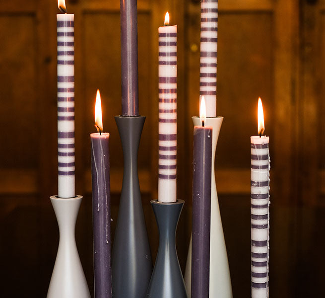BRITISH COLOUR STANDARD Fair Trade Made Colourful Striped and Solid Eco Candles and Colourful Wooden candleholders 