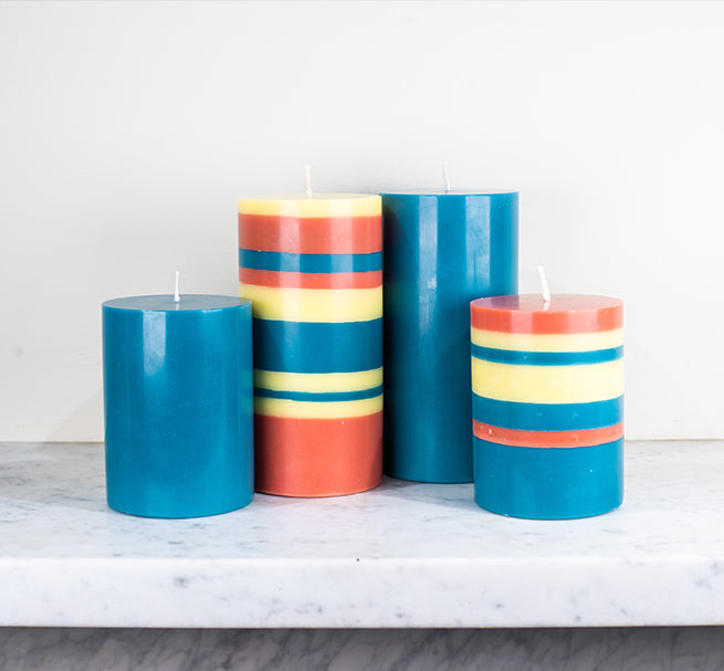 BRITISH COLOUR STANDARD - Petrol Blue and Striped Eco Pillar Candle Collection
