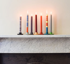 BRITISH COLOUR STANDARD Fair Trade Made, Colourful Striped and Solid Eco Candles, Colourful Wooden candleholders 
