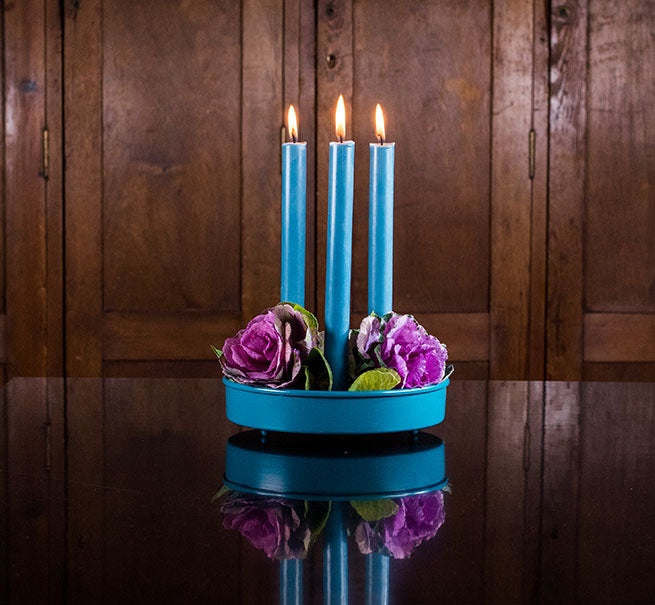 BRITISH COLOUR STANDARD - Small Round Metal Candle Platter - Petrol Blue, centrepiece, table setting