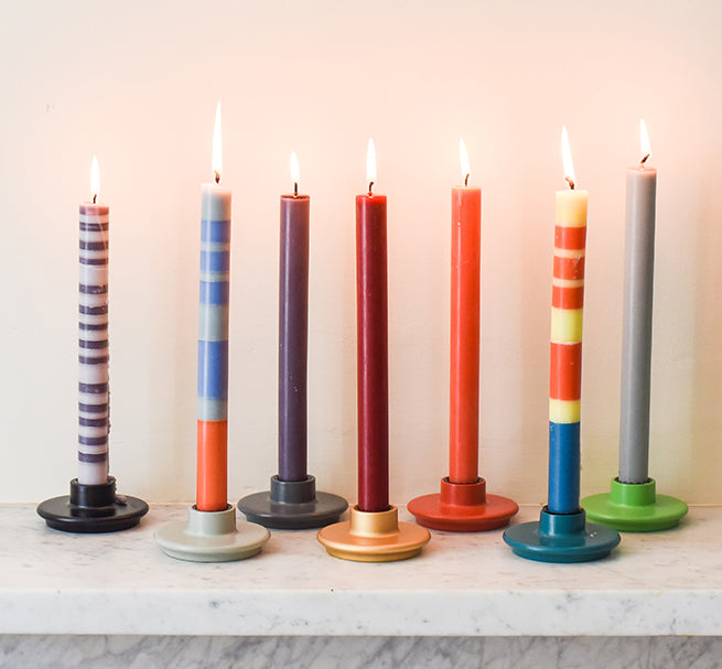 BRITISH COLOUR STANDARD colourful striped and solid colour candles and wooden candleholders,  Made From Waste Wood and wooden off-cuts