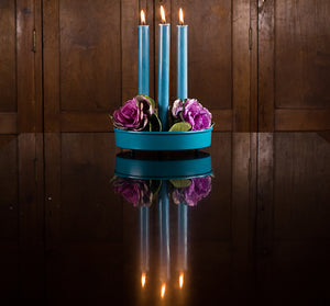 Petrol Blue, BRITISH COLOUR STANDARD, Striped and solid colour Eco Dinner Candles, Metal Candle Platter Centrepiece