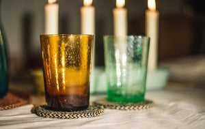BRITISH COLOUR STANDARD hand blown recycled bubble glass tumblers and jute coasters